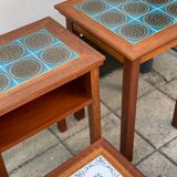 Trio of Danish Nest of Teakwood Table with Ceramic Tops