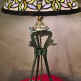 Antique patinated bronze regulator lamp with Tiffany glass shade in very good condition