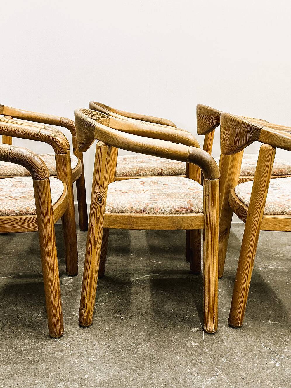 Set of six Rainer Daumiller pine wood arm chairs, 1970s