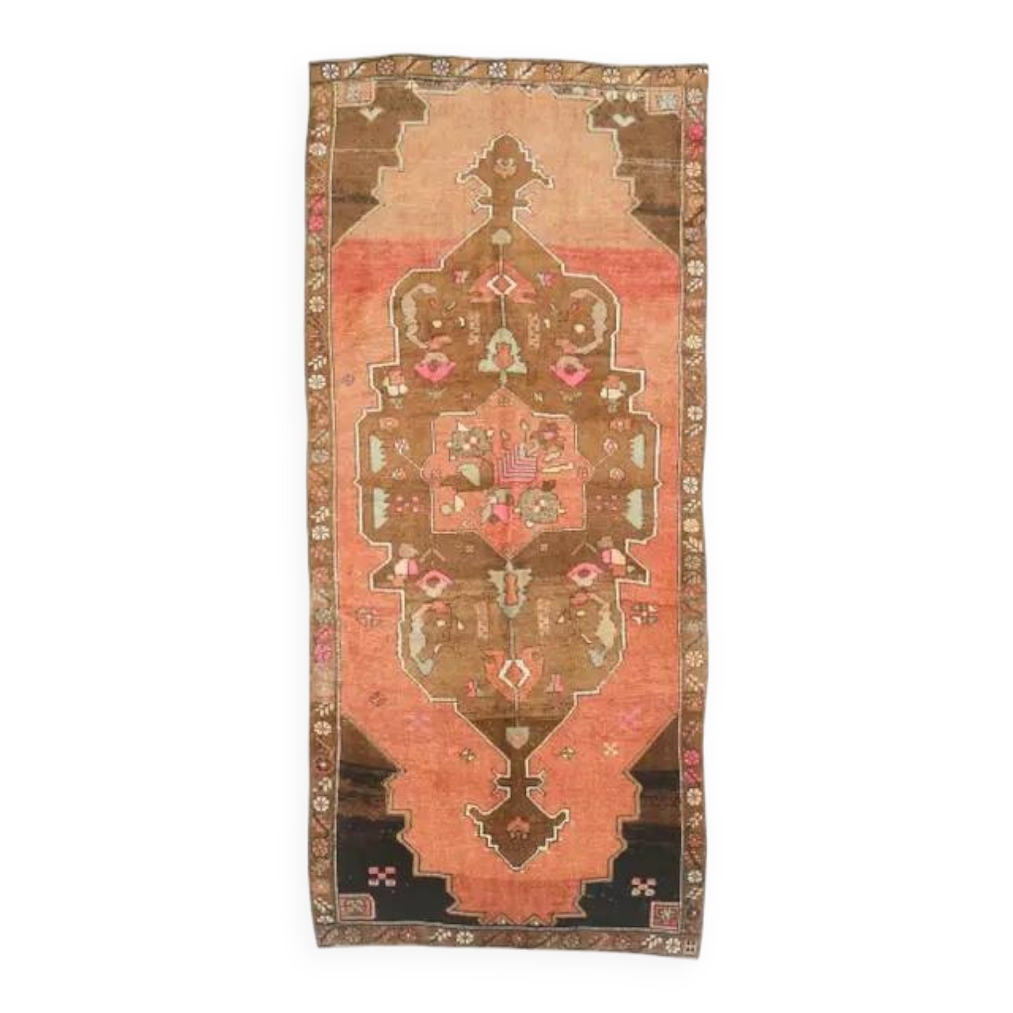 Vintage Turkish Hand-Knotted Wool Cotton Orange Runner 159x366