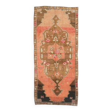 Vintage Turkish Hand-Knotted Wool Cotton Orange Runner 159x366