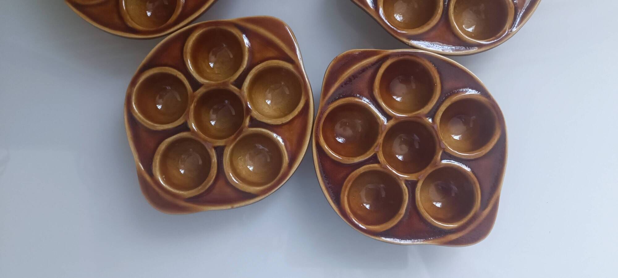 5 vintage glazed terracotta snail dishes