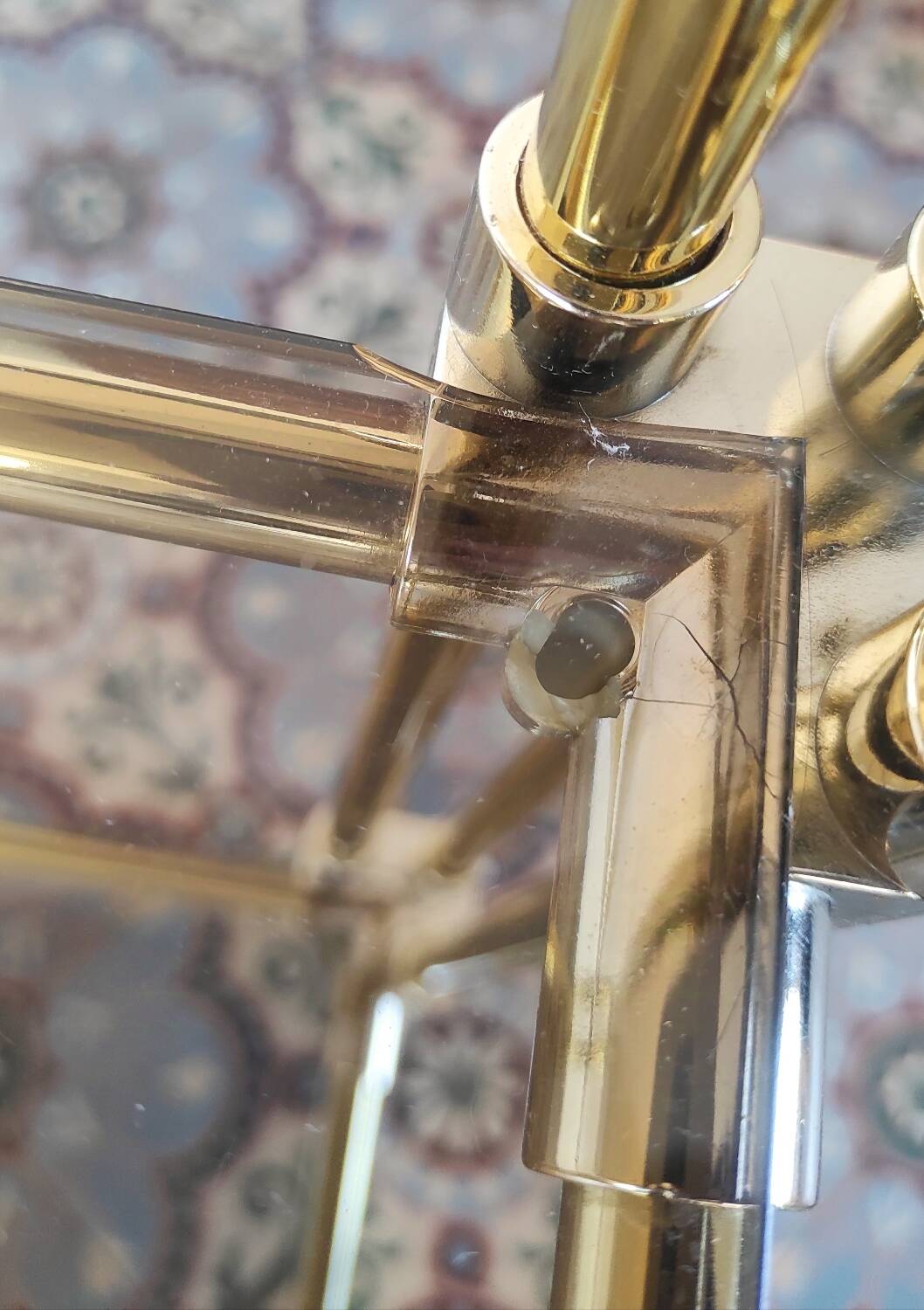 Dessert, vintage gold rolling bar, chrome and smoked glass.