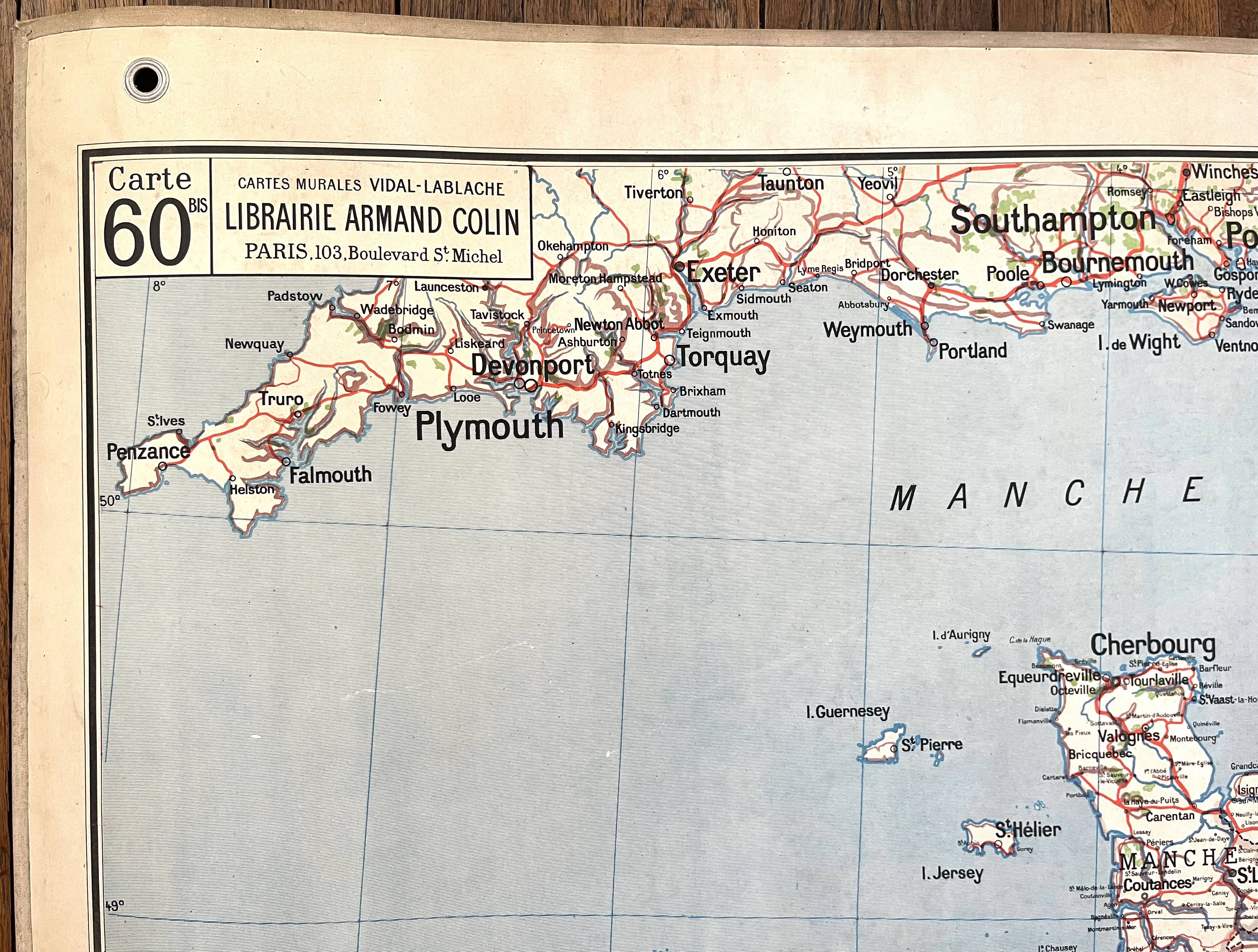 🌍Old school map Vidal-Lablache 60, 1940 - West France, Brittany