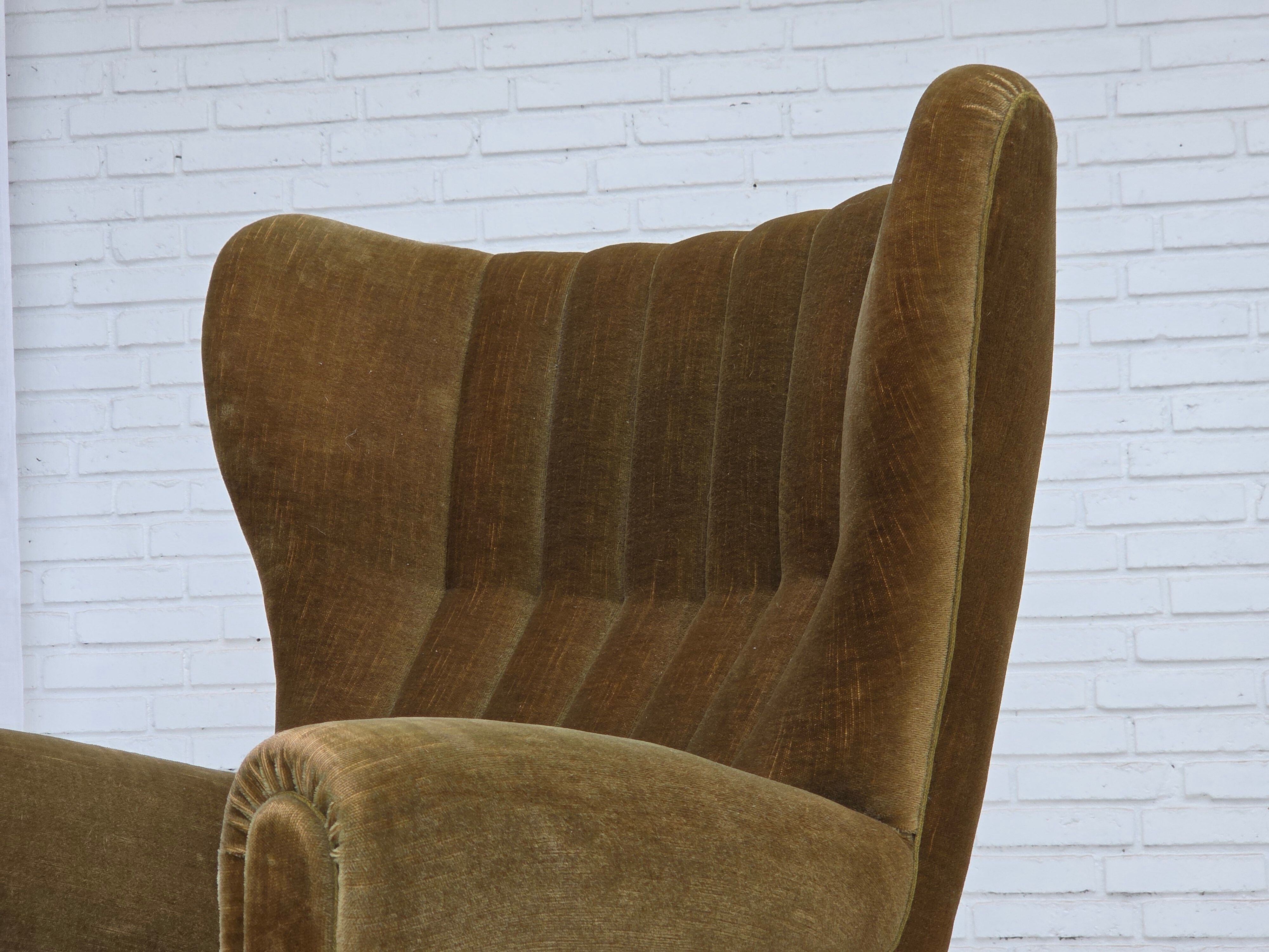 1960s, Danish highback relax armchair, green furniture velour.