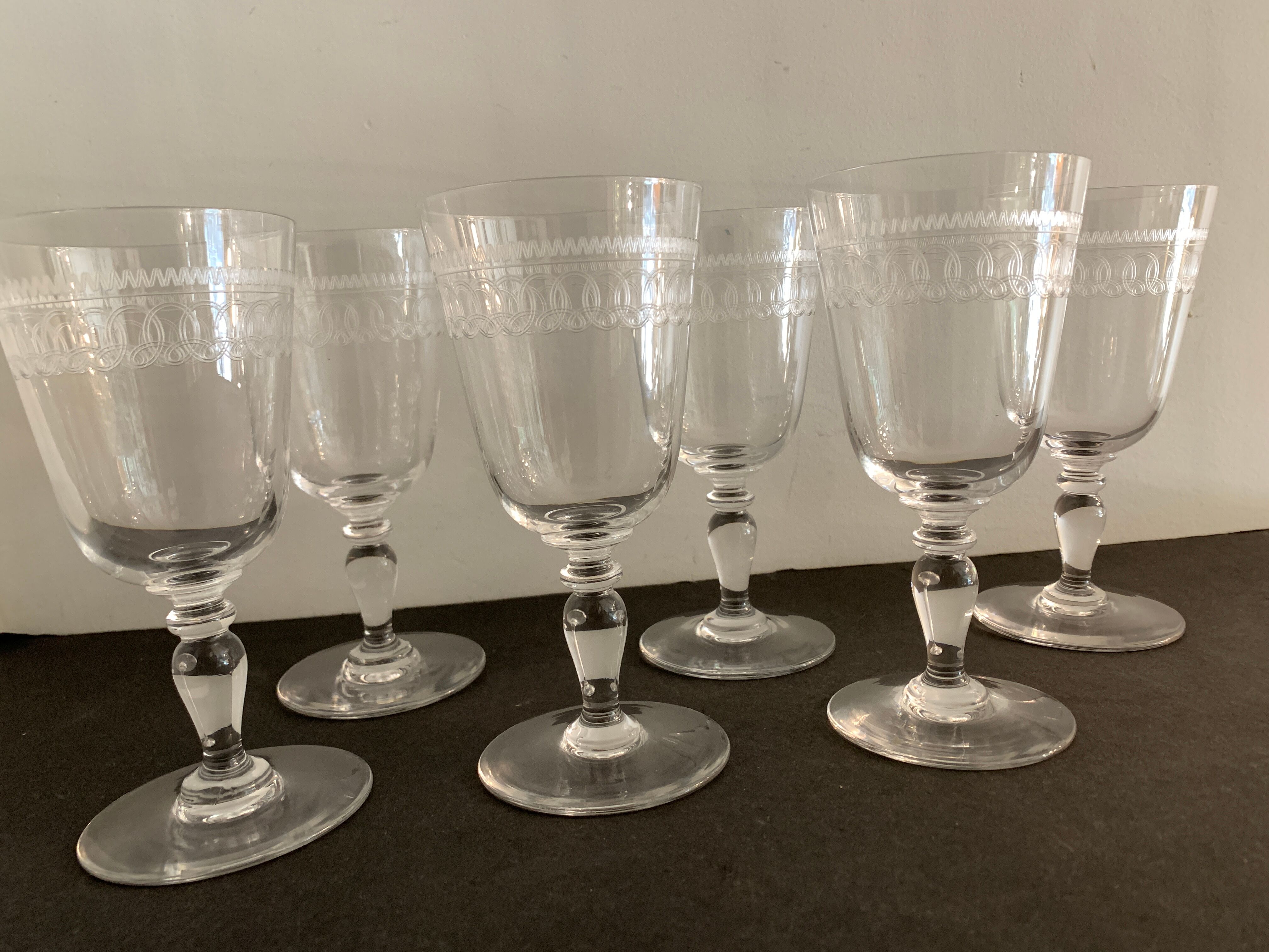 6 antique engraved crystal wine glasses