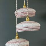 Vintage triple suspension lampshade in Clichy glass, white and red.
