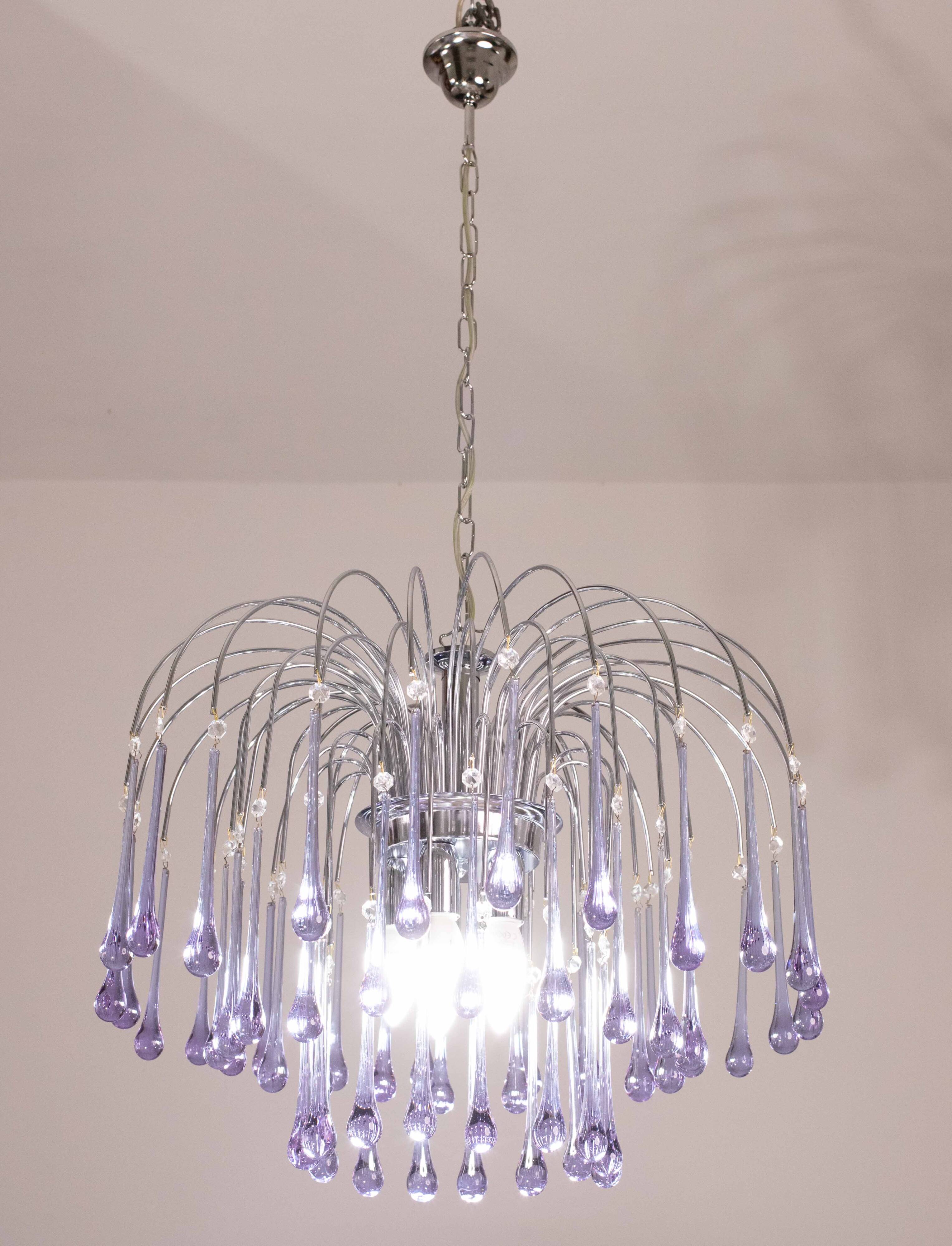 The Purple Crown, LArge Size Murano Chandelier Purple and Crystal Drops, 19