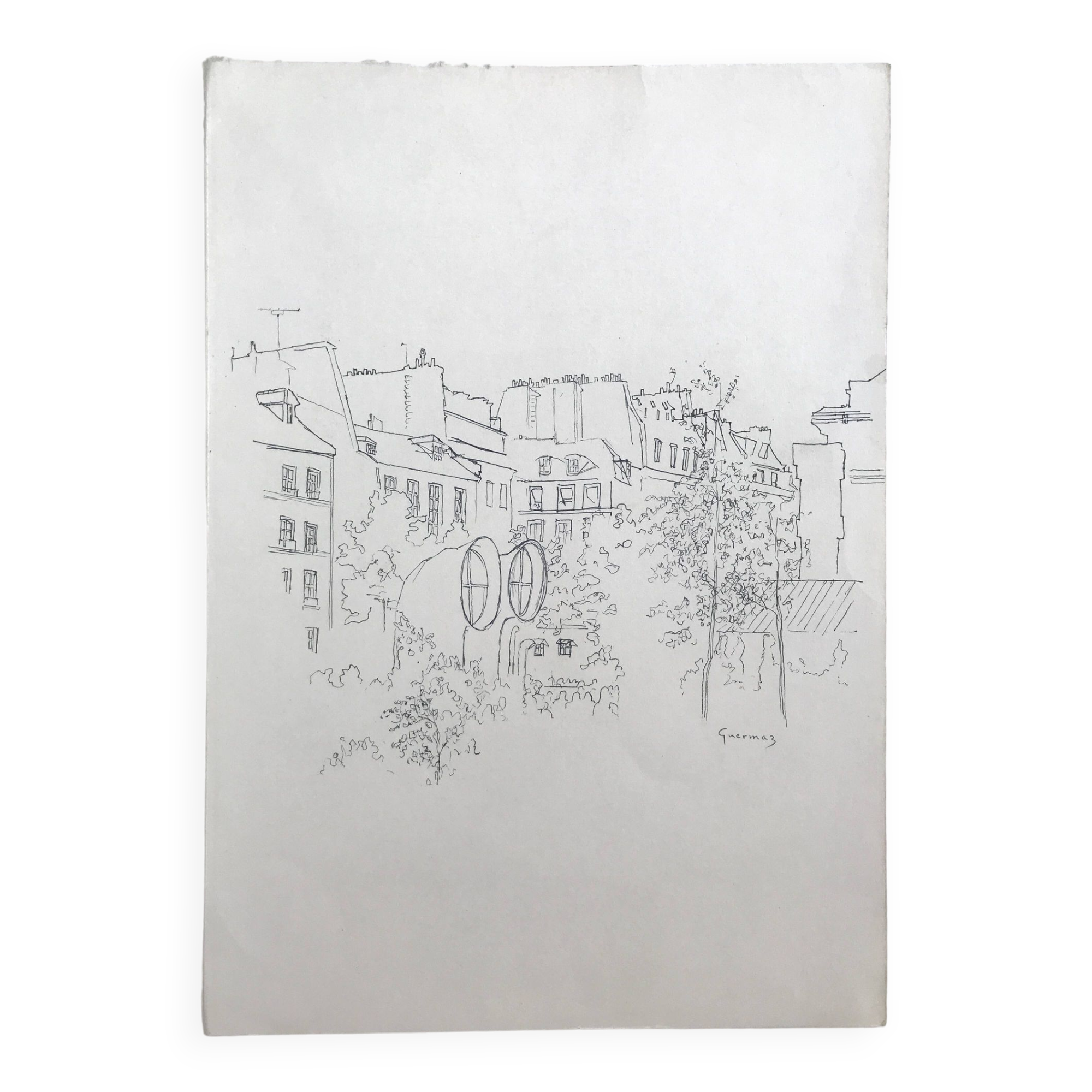 Ink on paper signed by Abdelkader GUERMAZ, Place Georges Pompidou, circa 1977