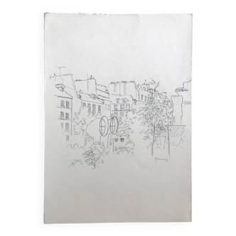 Encre sur papier signée d'Abdelkader GUERMAZ, Place Georges Pompidou, circa 1977