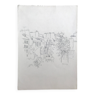 Ink on paper signed by Abdelkader GUERMAZ, Place Georges Pompidou, circa 1977