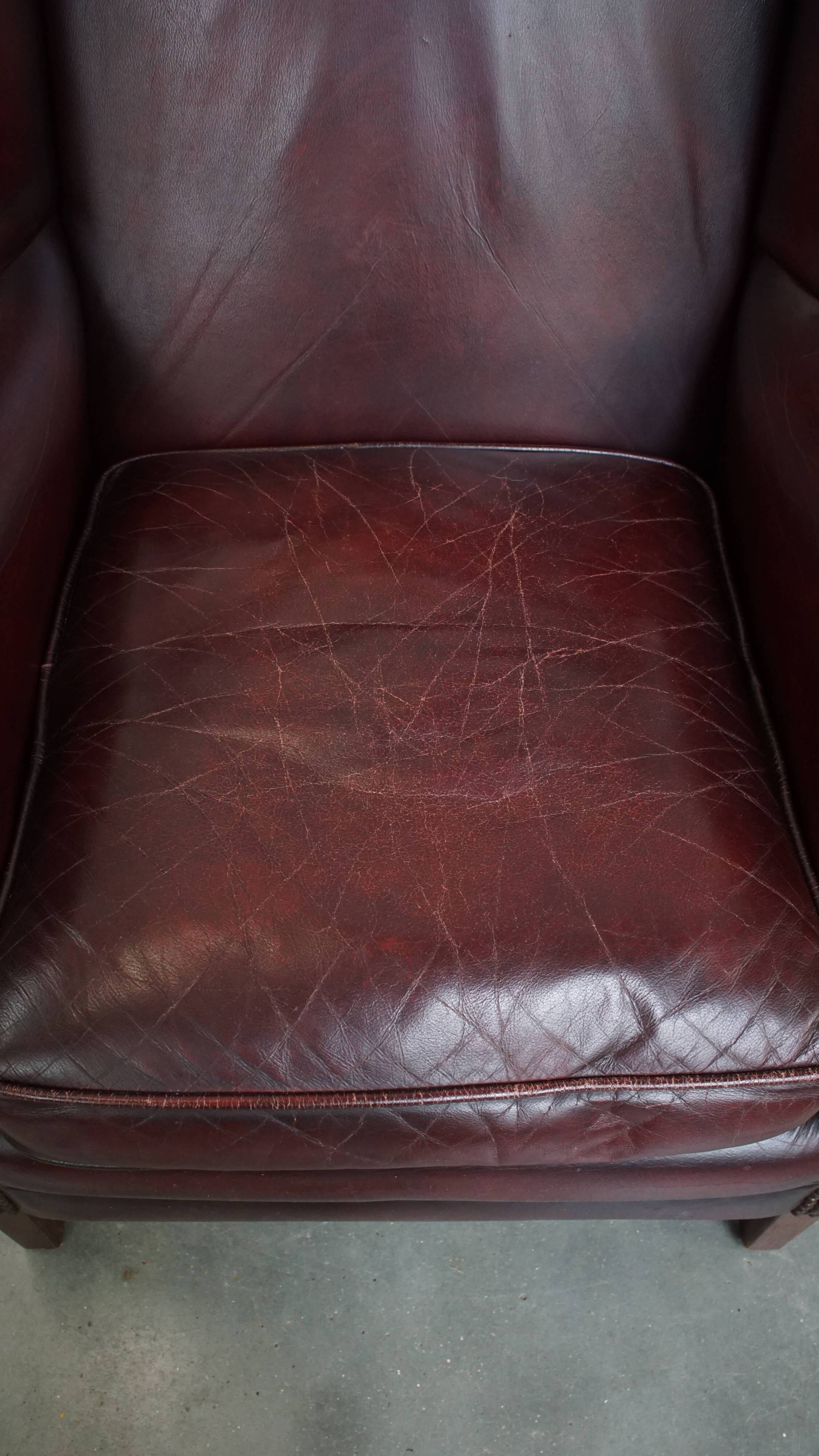 Bordeaux Red Cowhide Wingback Chair in English Style