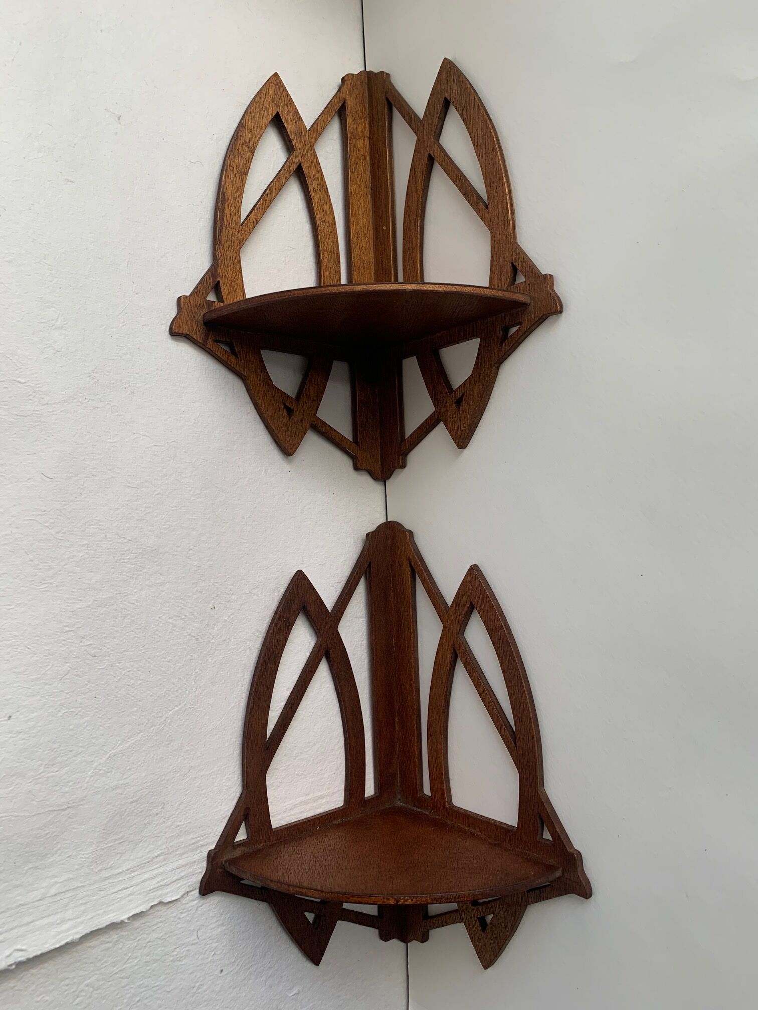 Pair of wall corner shelves, art deco