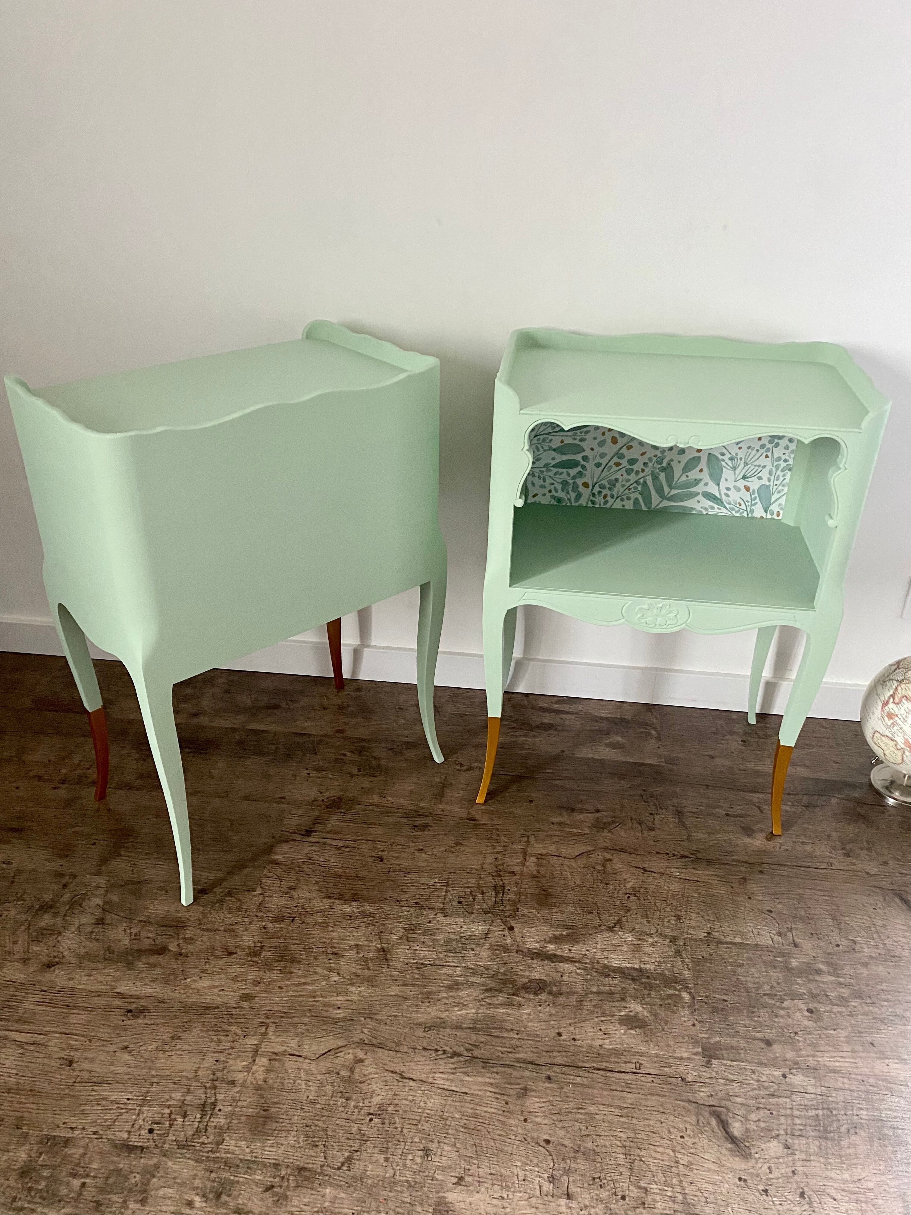 Pair of wooden bedside tables restyled green celadon