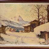 Tableau ancien, paysage de neige signé Salanon  milieu du XX siècle