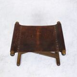 Vintage x-base oak and saddle leather folding safari stool Hungary, 1970