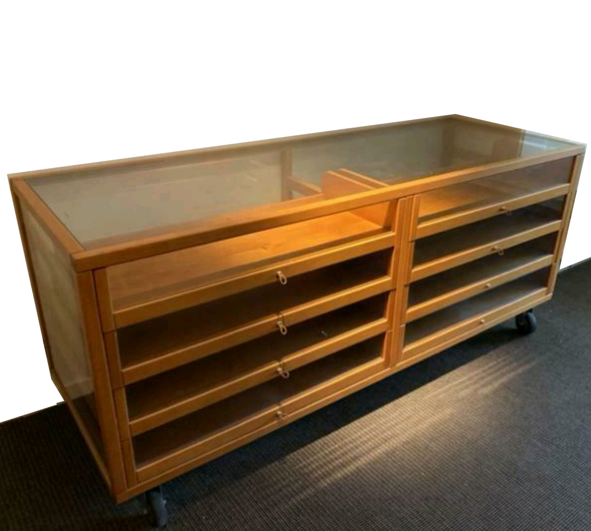 Vintage beech and glass display counter 1970