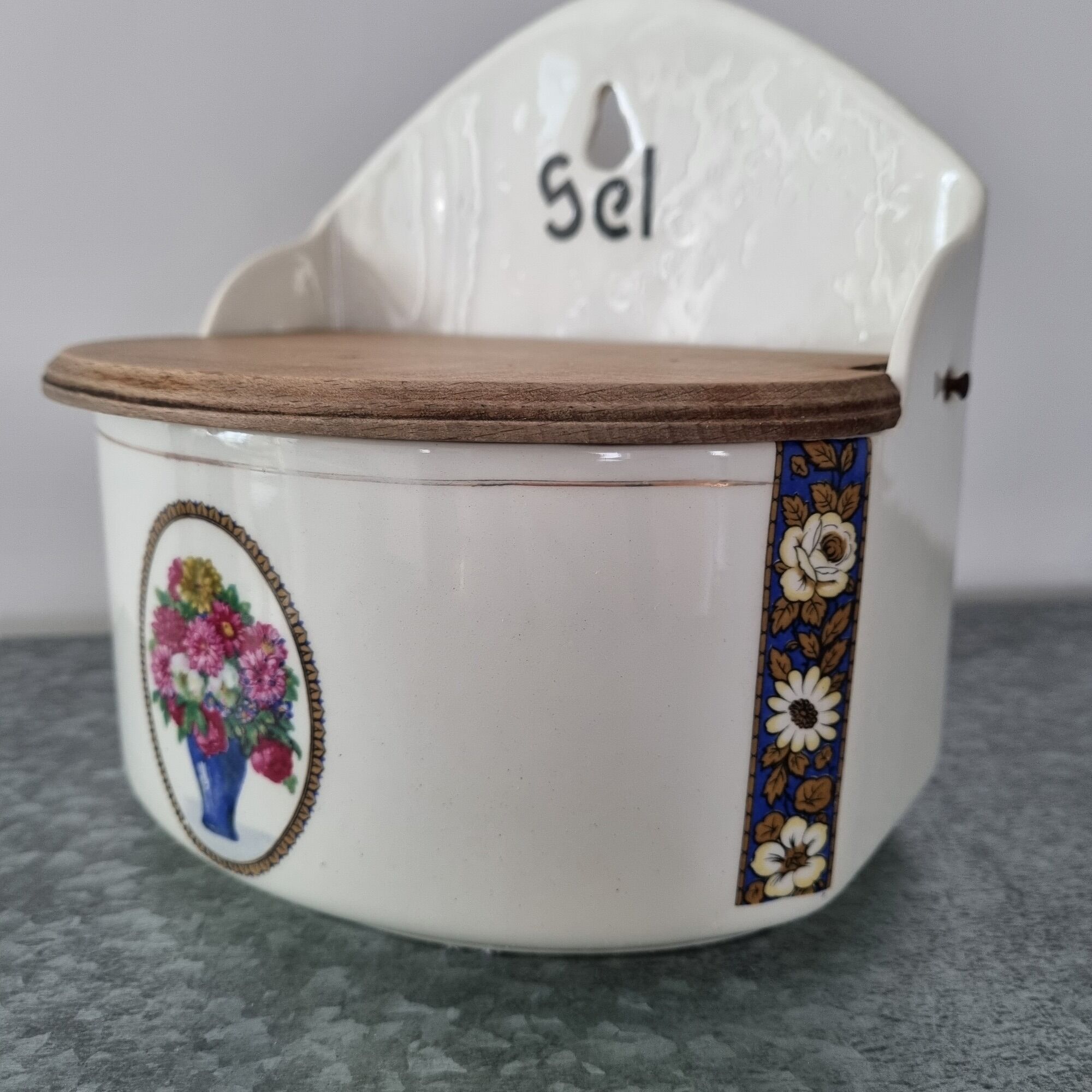 Old porcelain salt box at the beginning of the twentieth century