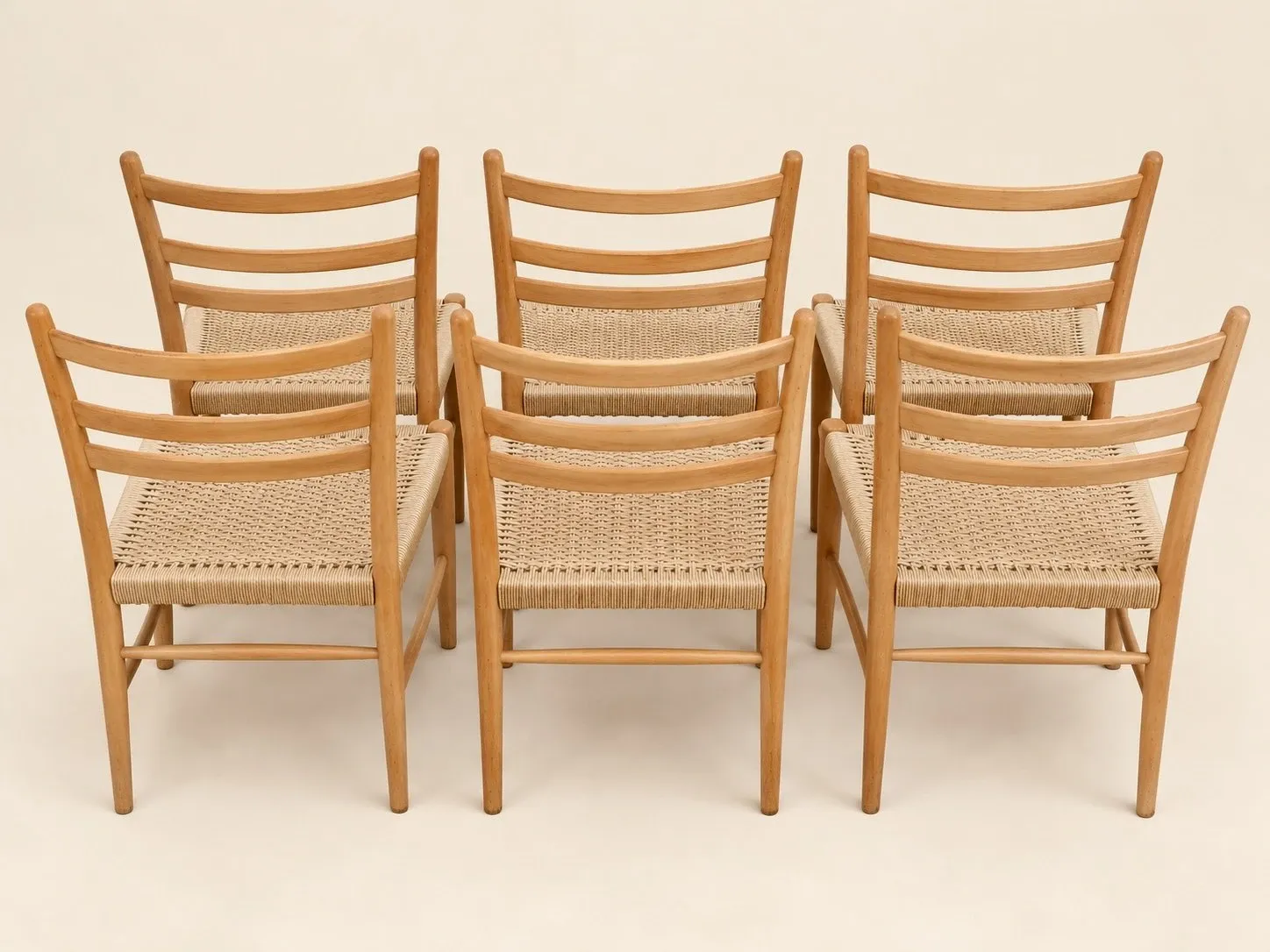 Six mid-century Scandinavian chairs, wood & Danish cord, 1960s.