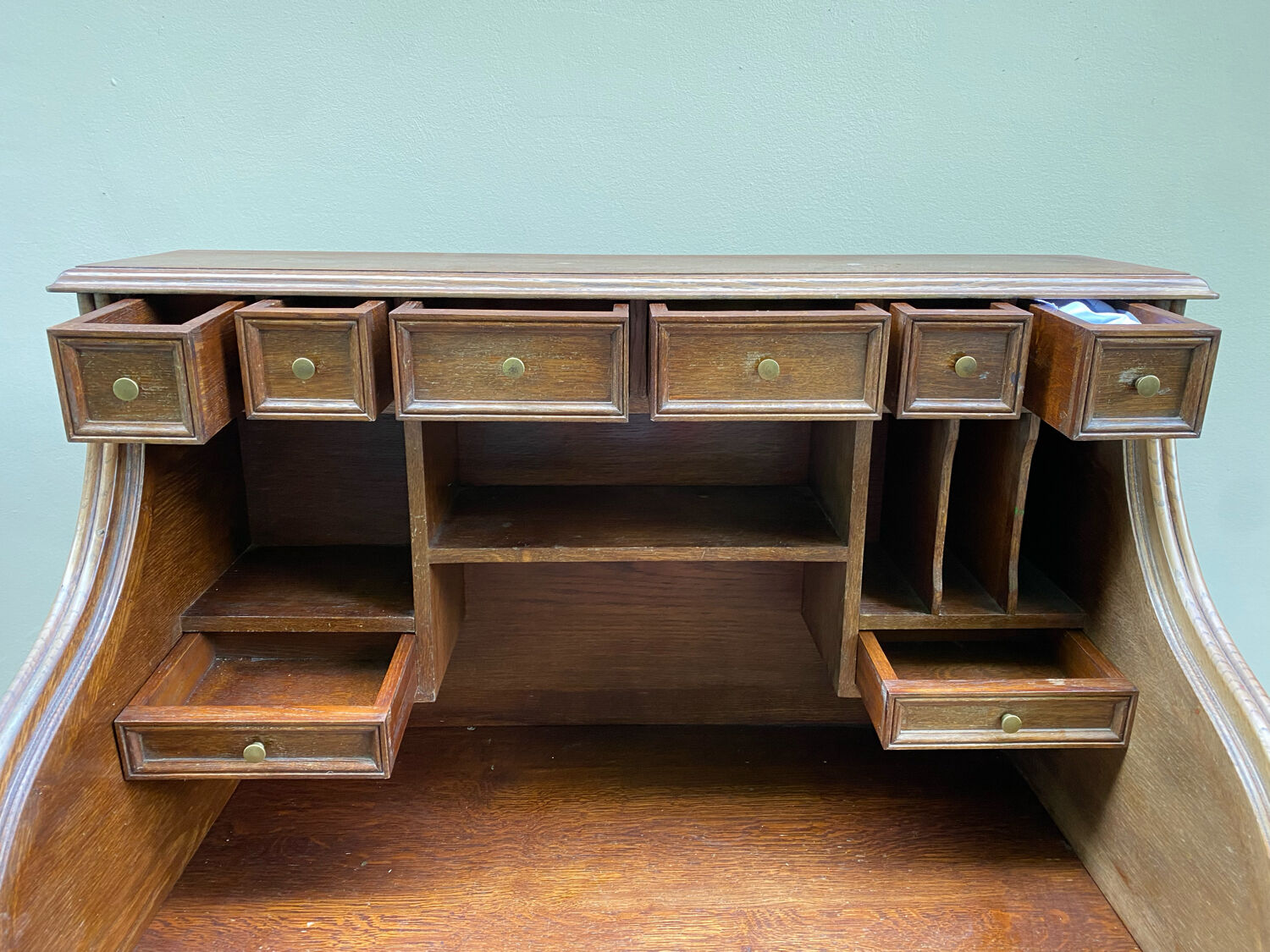 Antique solid wood secretary desk, handcrafted cabinetry.