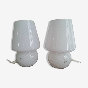 Paire de lampes vintage Murano champignon Tourbillon Lampes Blanc