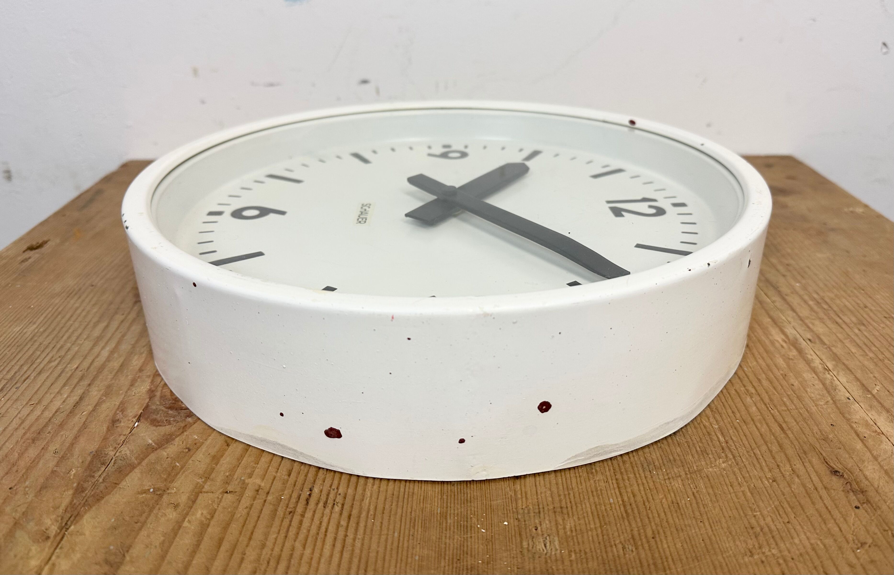White industrial austrian factory wall clock from Schauer, 1960s