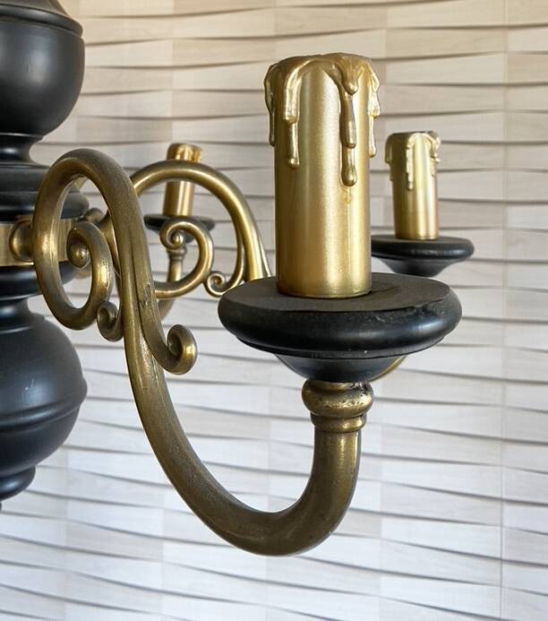 Wood and brass pendant light, black and gold, vintage, 60s.