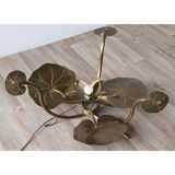 Illuminated vintage coffee table decorated with brass water lilies 1970