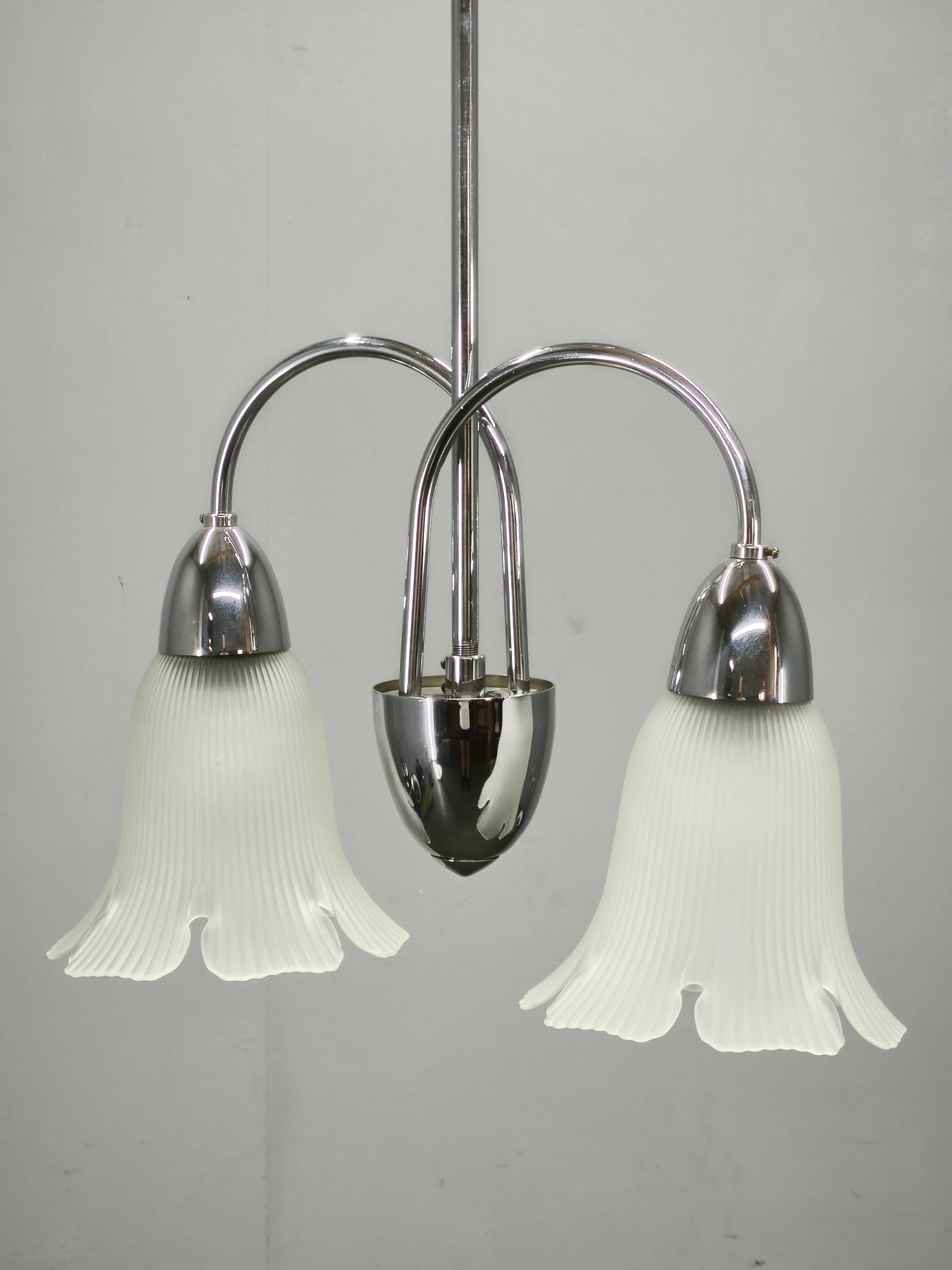 1950s Chrome and Floral Glass Chandelier by Elektroinstala Děčín