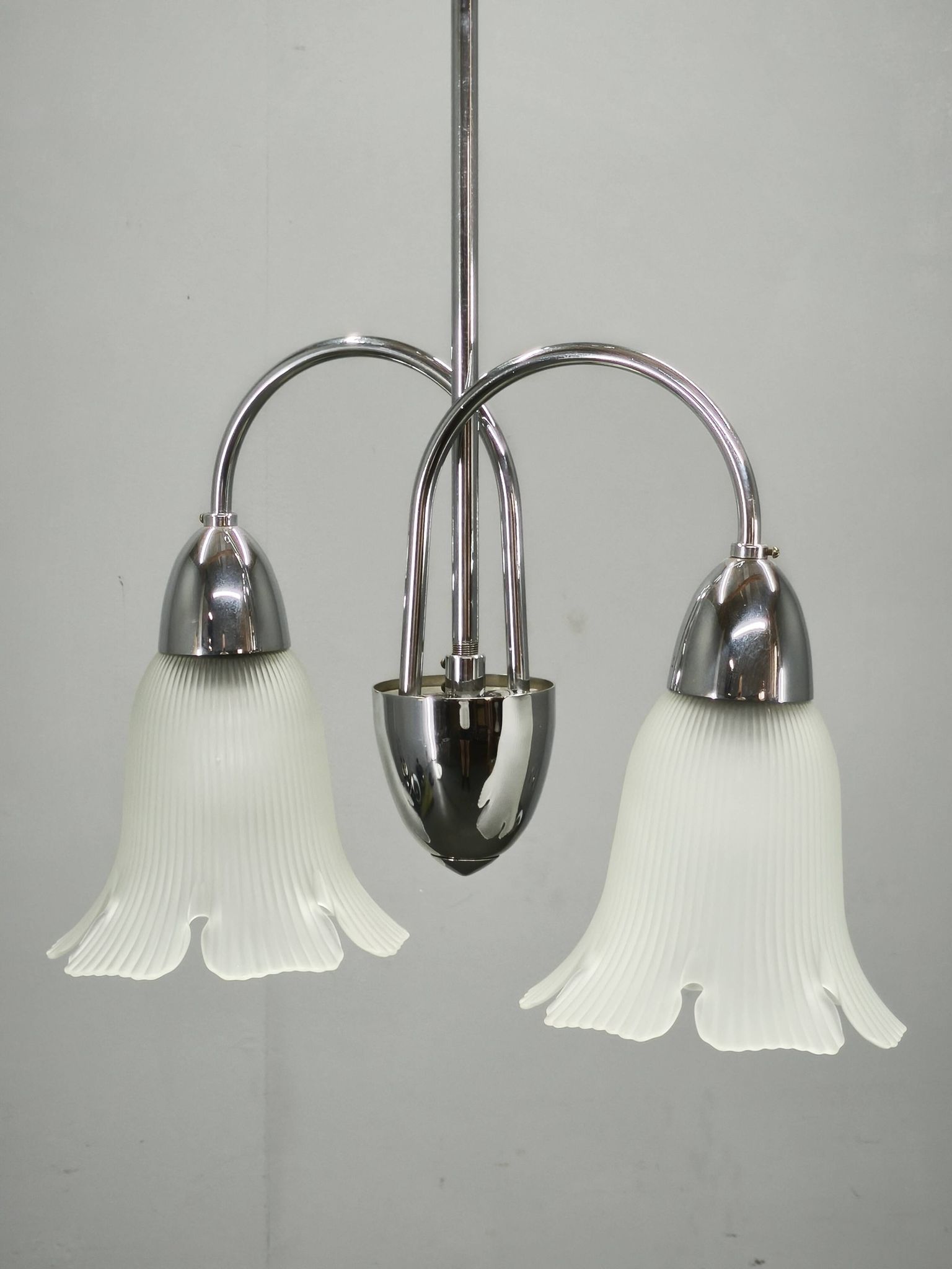 1950s Chrome and Floral Glass Chandelier by Elektroinstala Děčín