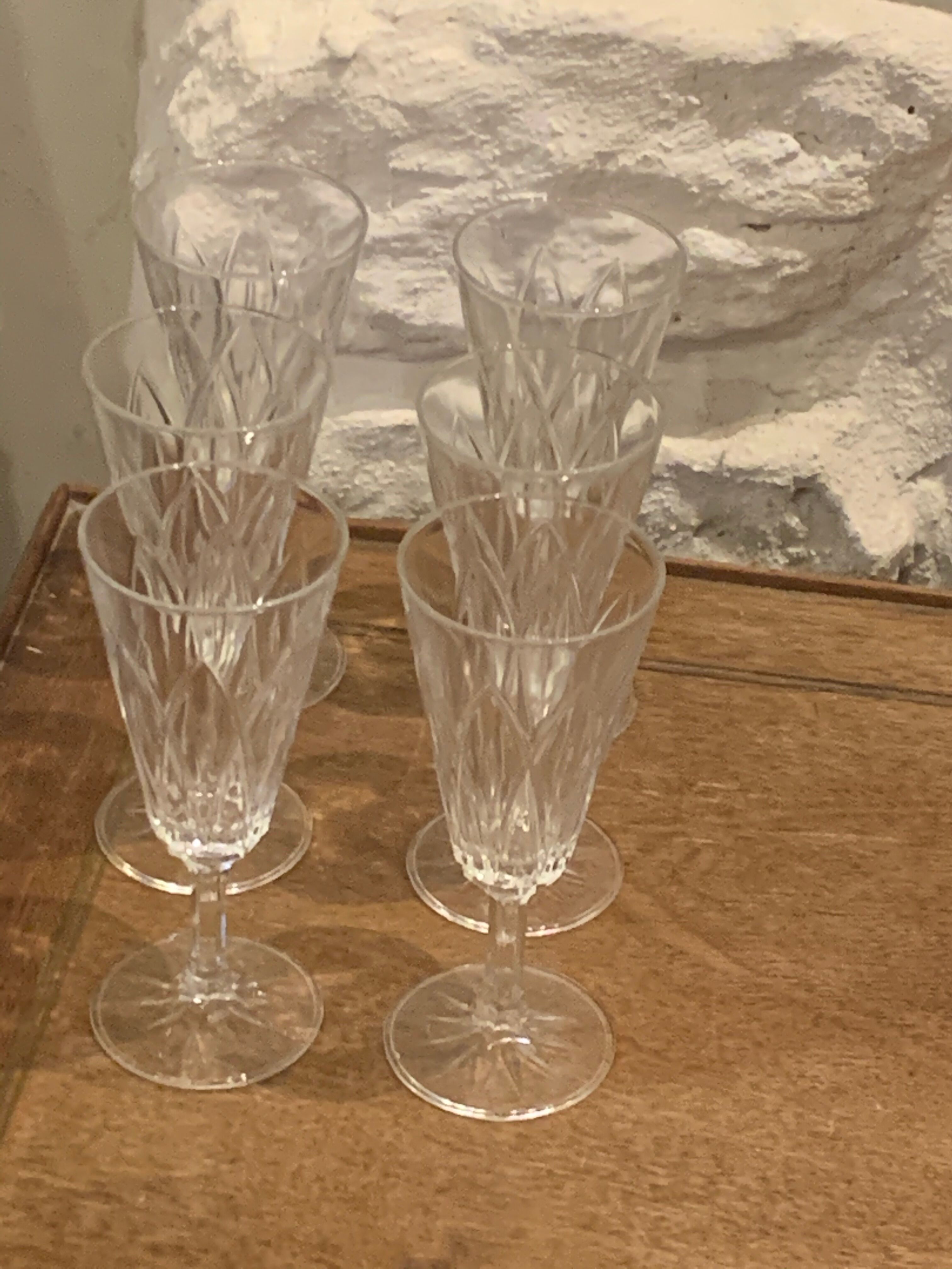 6 vintage champagne flutes patterned leaves or petals