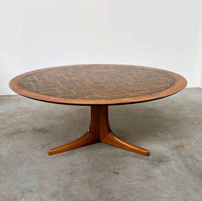 Vintage Wooden Coffee Table with Engraved Brass Top – 1970s