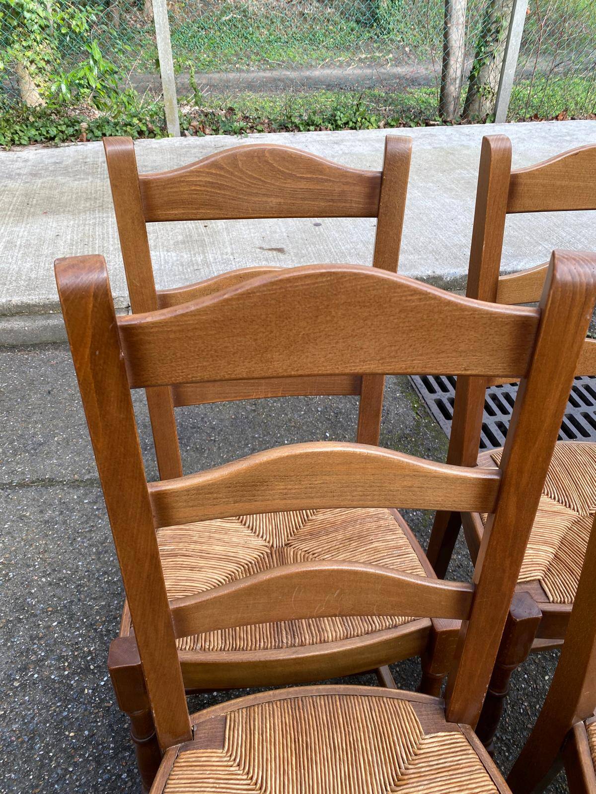 4 solid wood dining chairs with straw seats, 102cm