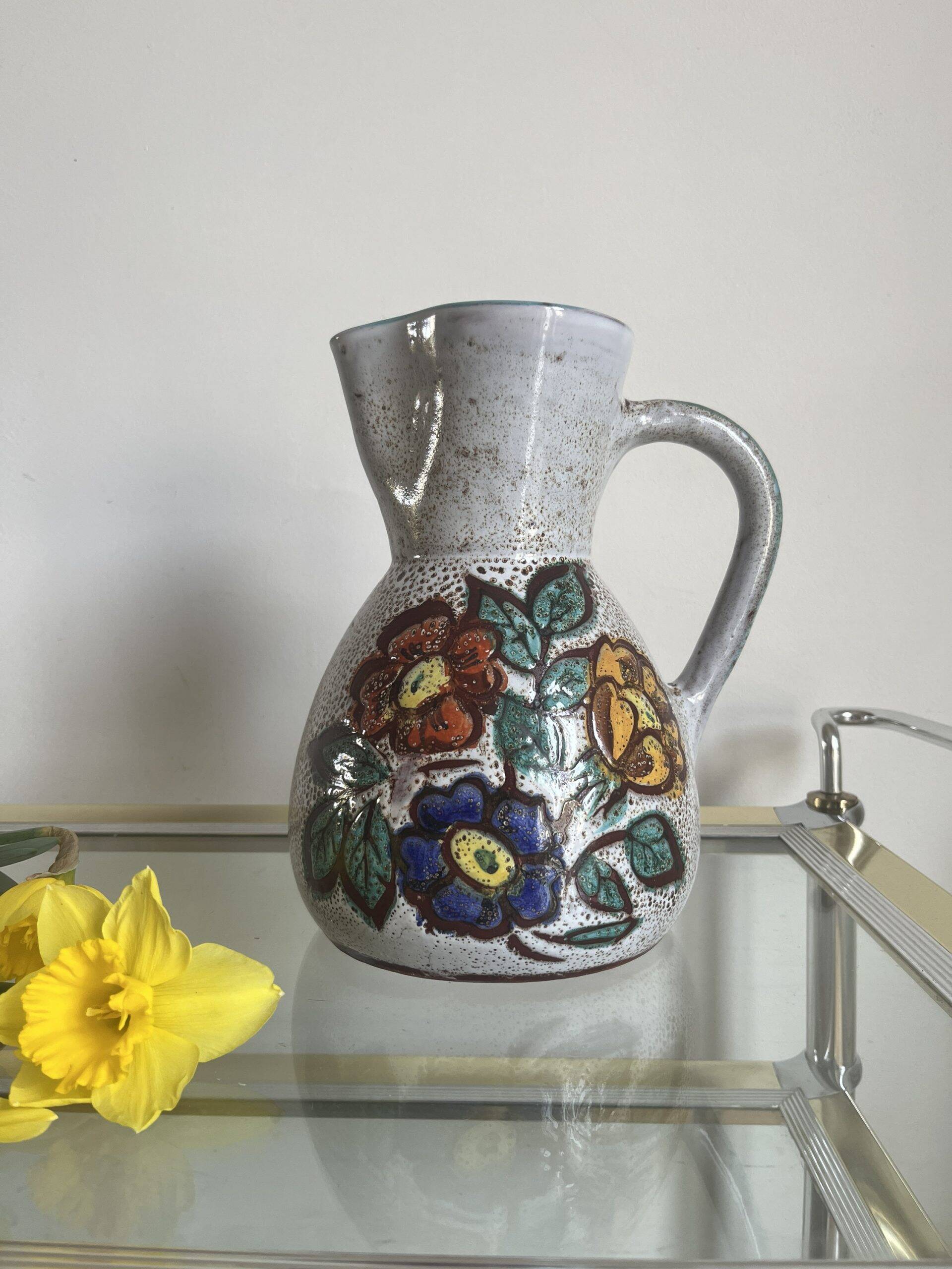 Flowery pitcher in vallauris enameled ceramic hand decorated