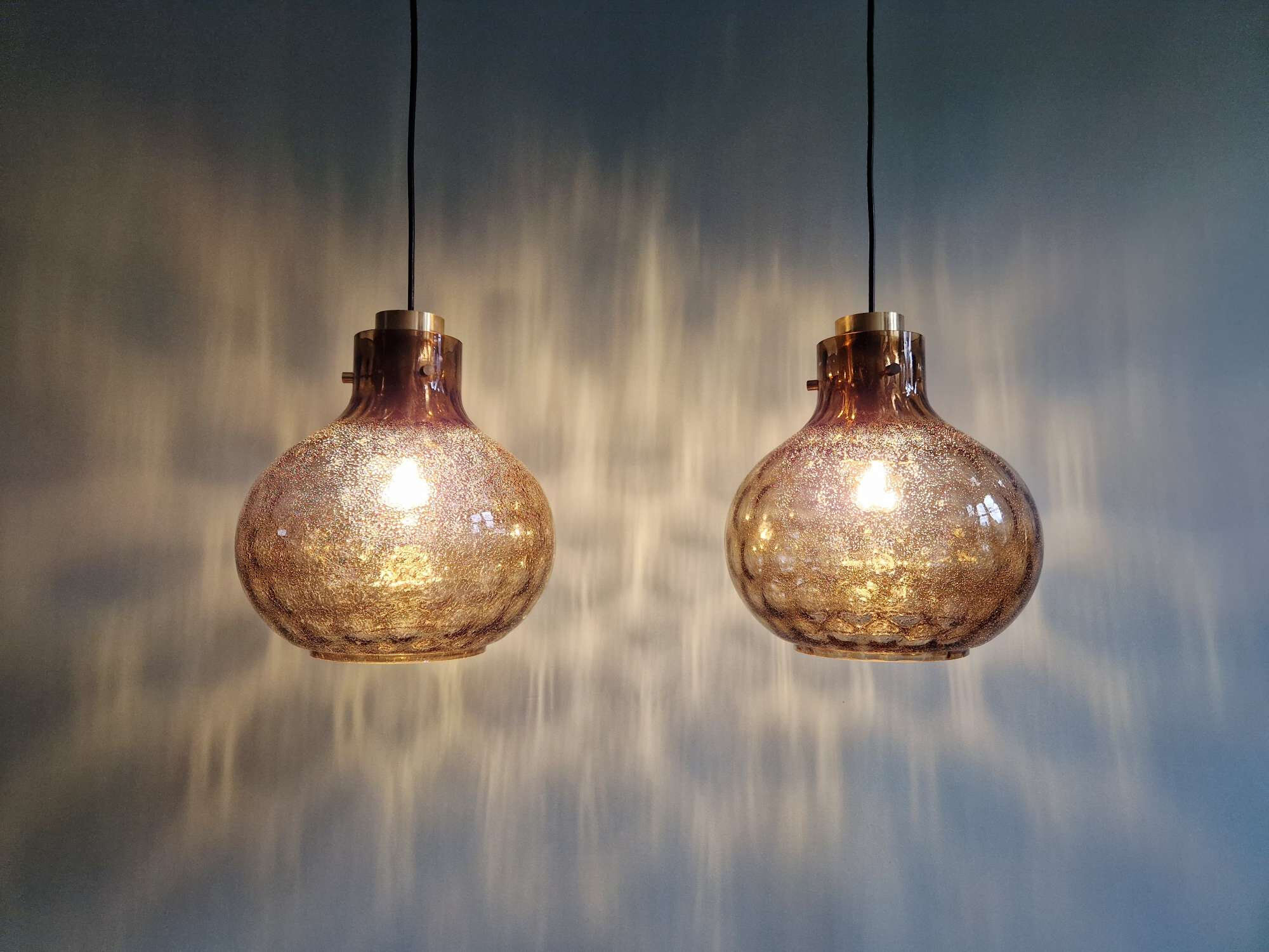 Pair of honeycomb smoked glass pendants, Glasshütte Limburg, 1970