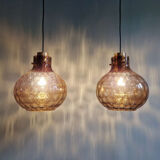 Pair of honeycomb smoked glass pendants, Glasshütte Limburg, 1970