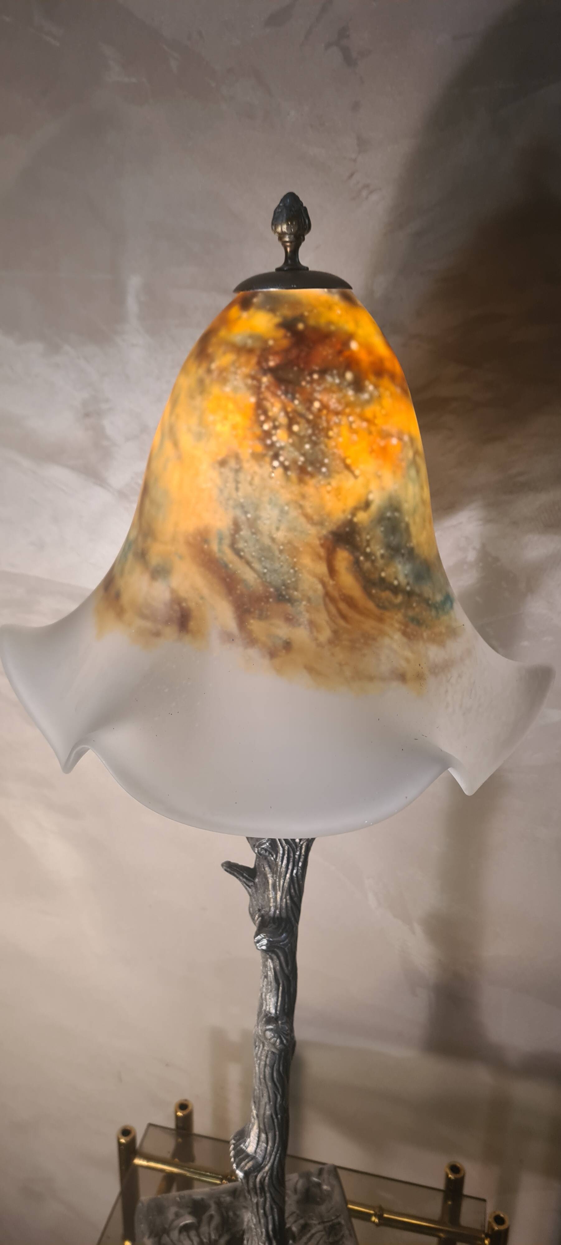 large American art deco steel patina lamp, 64x24 tulip signed max elec ok set to French standard