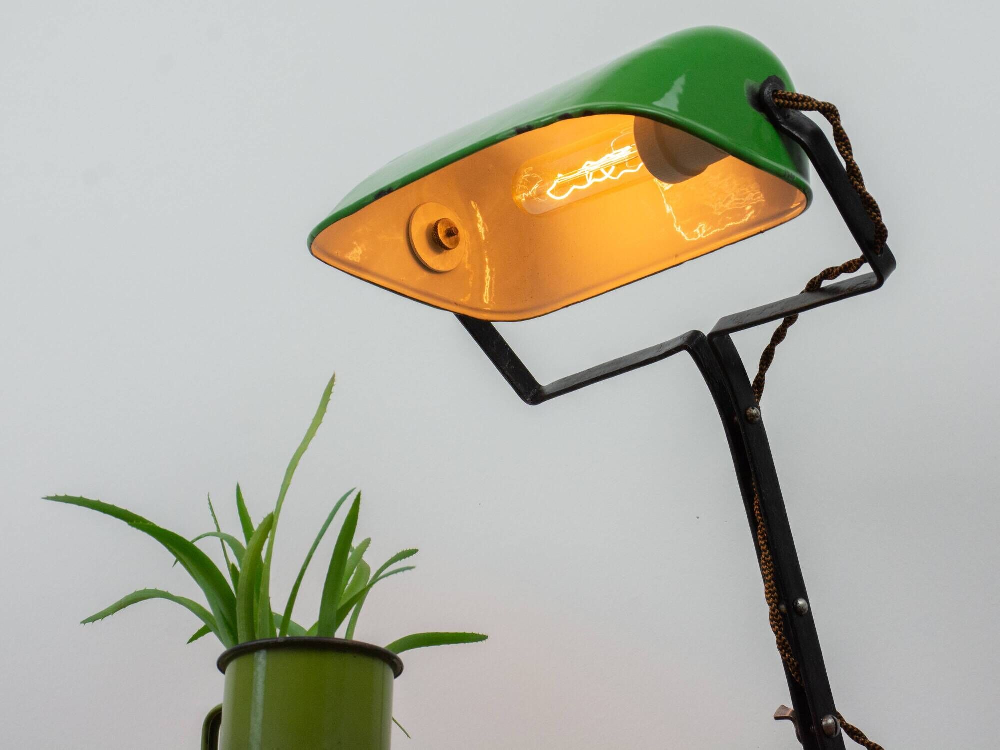 Vintage Art Nouveau Green Metal Industrial Table Lamp