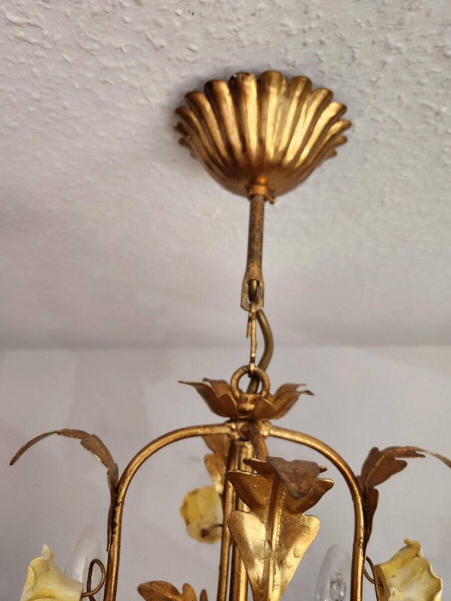 Hollywood Regency Vintage gold plated ceiling lamp porcelain roses Italy