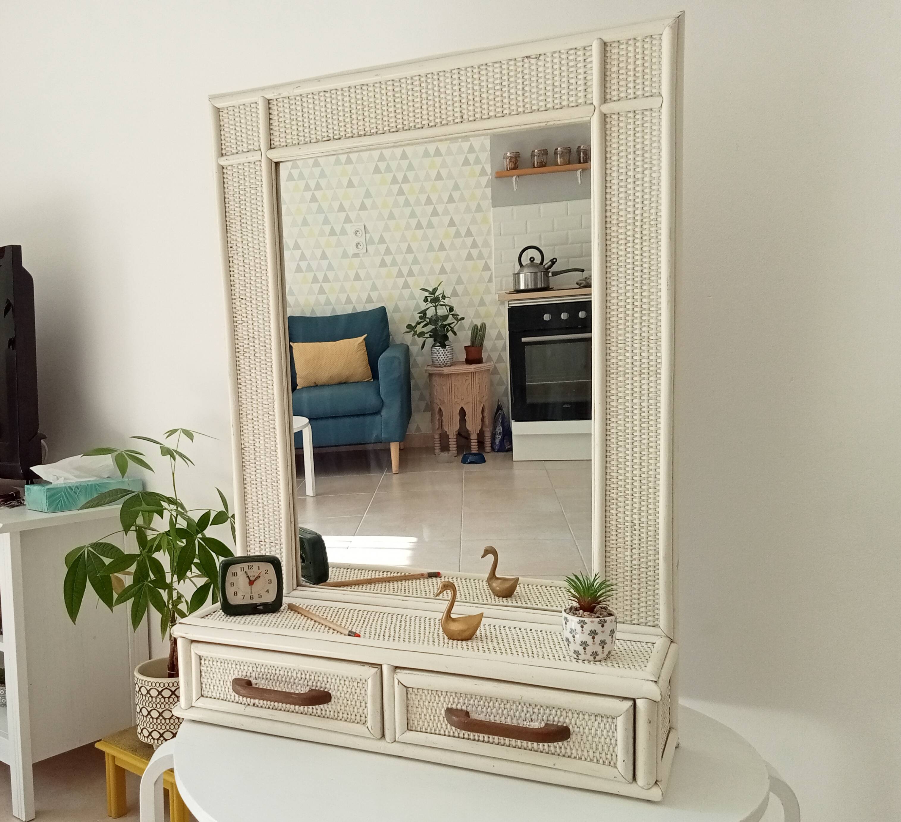 Grand miroir en rotin et canne vintage années 70