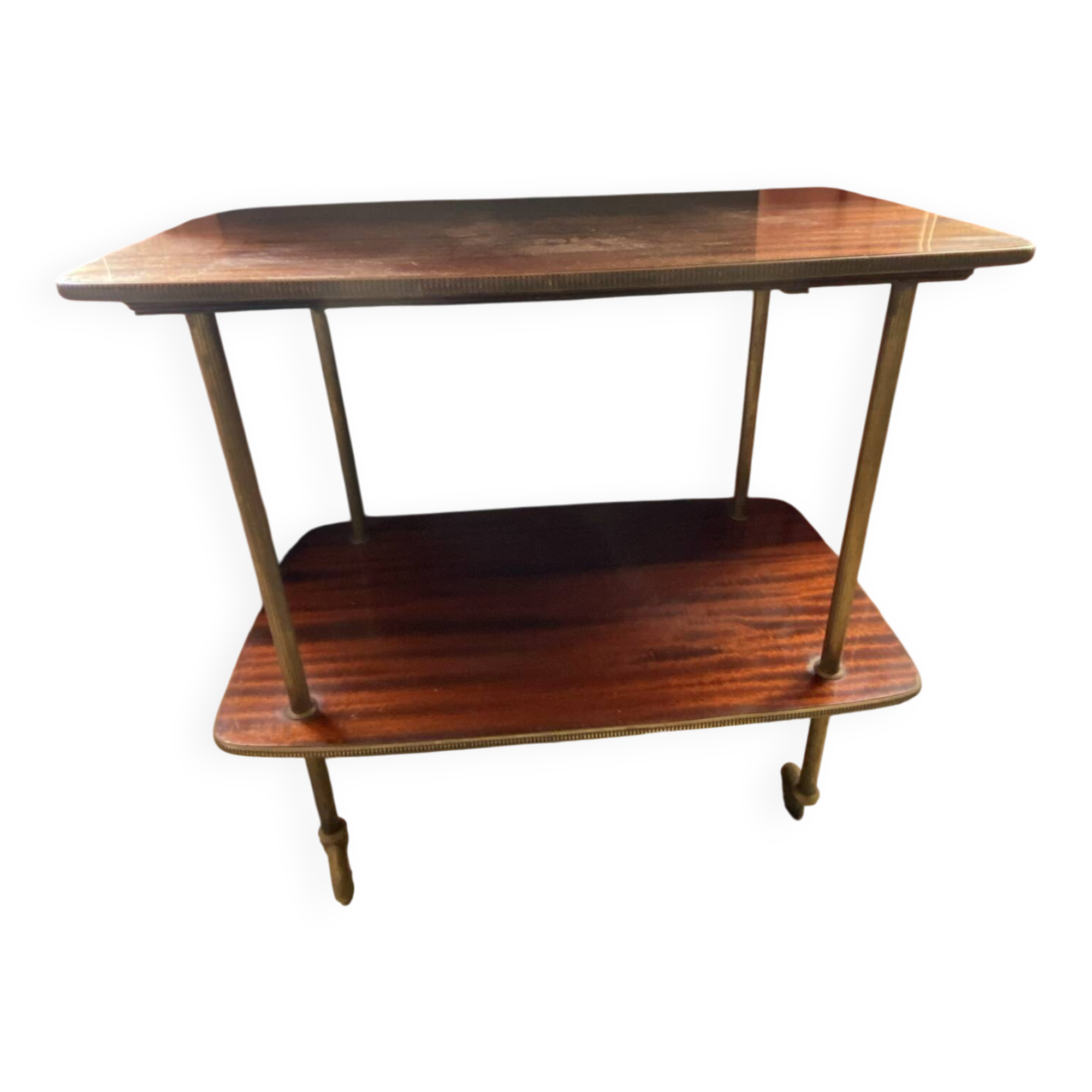 Elegant vintage serving trolley on wheels, two wooden shelves.
