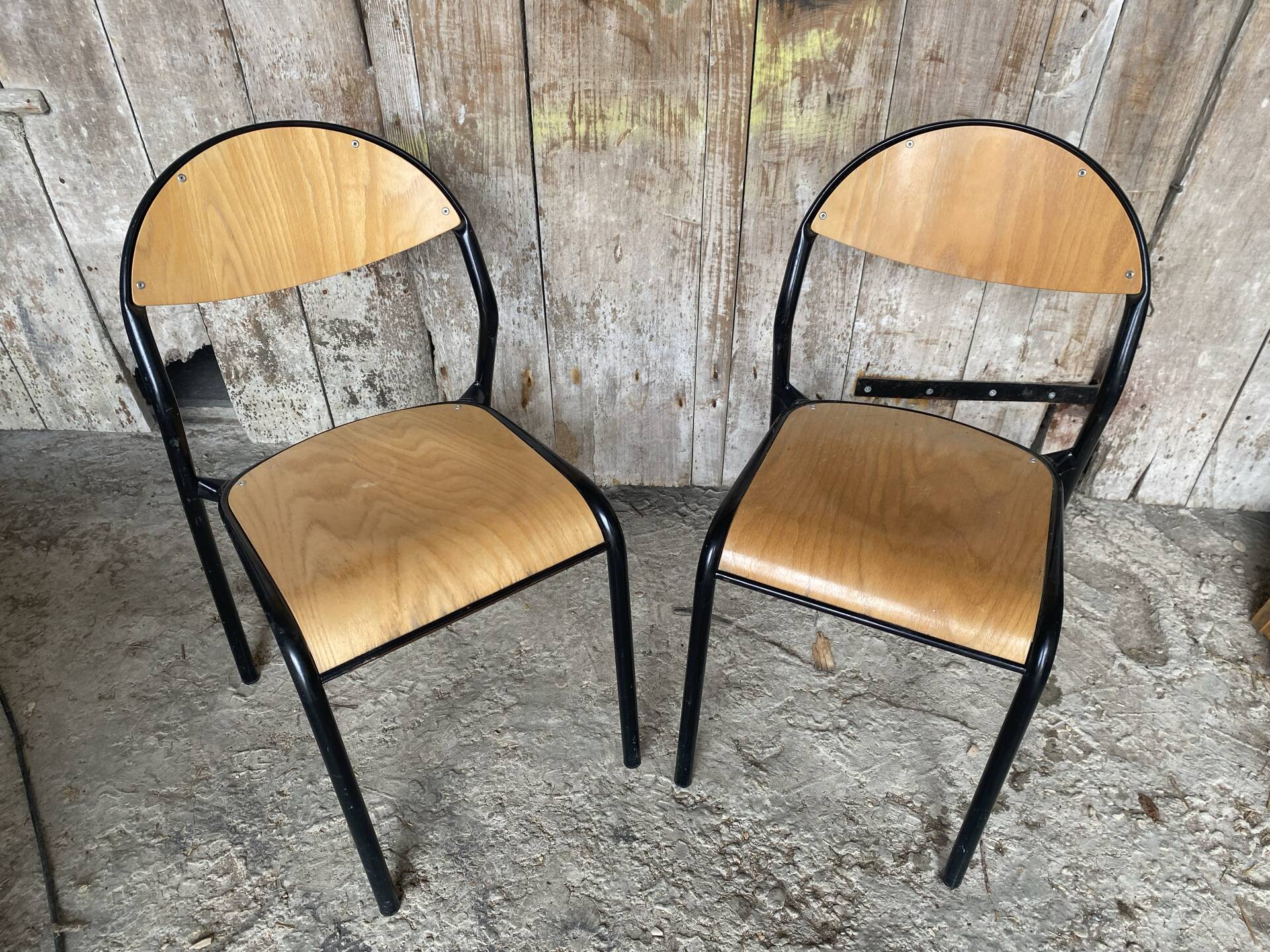 Paire Chaise Ancienne Écolier Style MULLCA Métal Noir + Bois Vintage #
