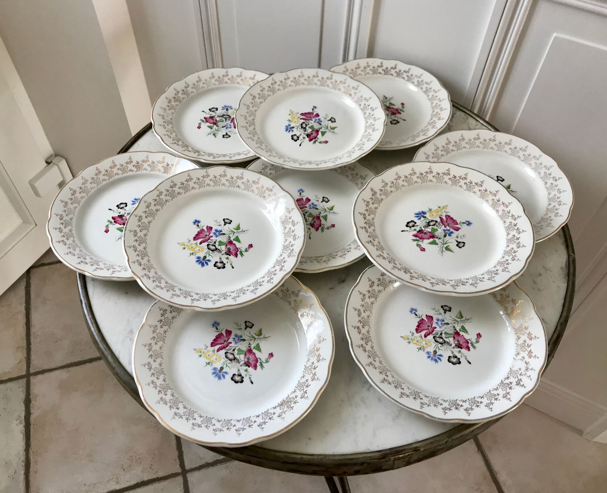 Dessert service cake dish and 10 dessert plates Digoin Sarreguemines Pamplona 50s