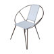 Black metal reclining armchair with white plastic caning.