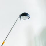 Blue-painted metal shade, chrome articulated arm desk lamp in Memphis-style 80s Pop Art with red base and yellow accents