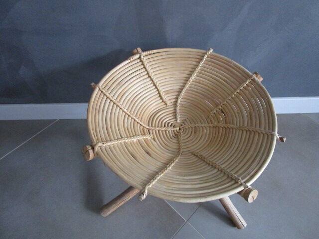 Corbeille sur pied vintage en bois,bambou et rotin