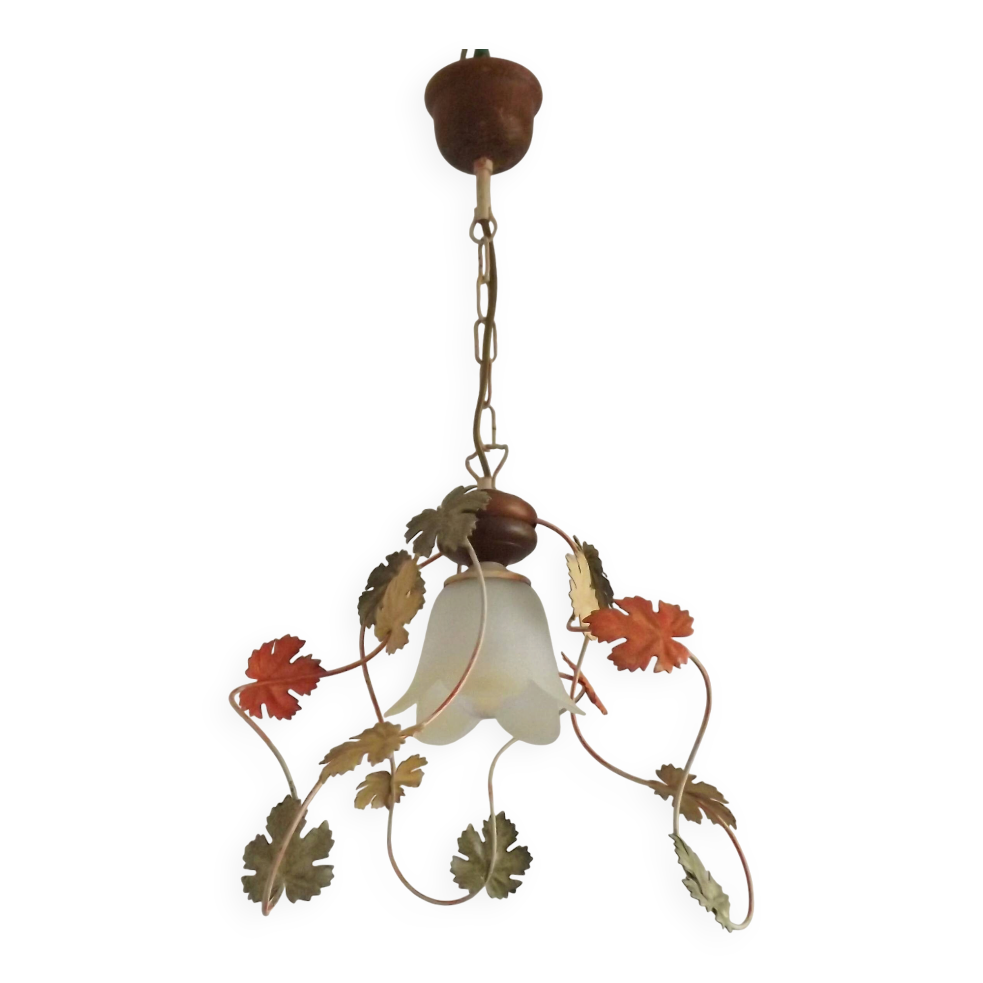 French Vintage Leaf Metal and Wood Hanging Light Textured Glass Shade