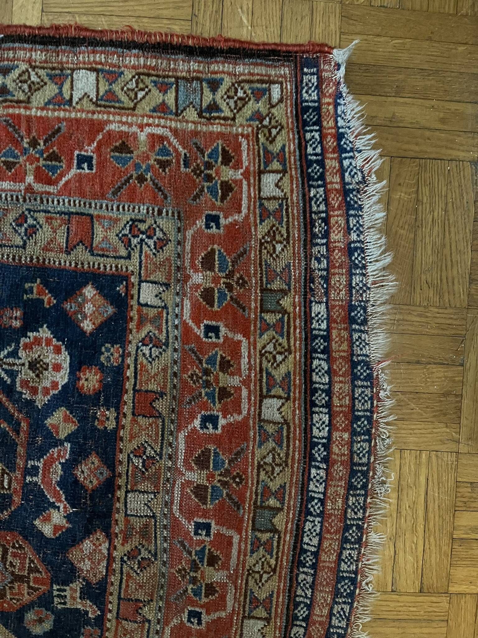 Antique handmade Persian Qashqai nomadic rug – blue background 94x112cm