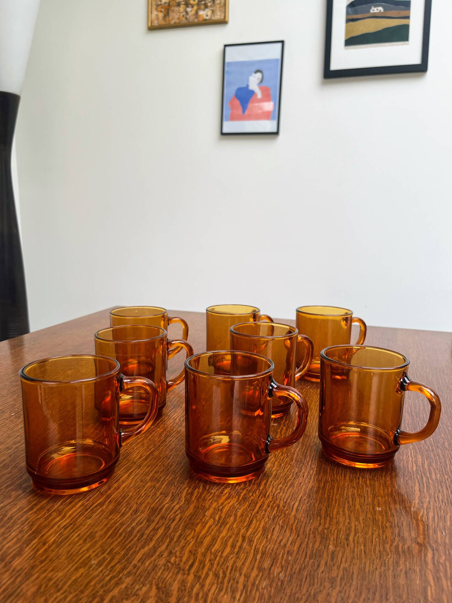 8 vintage Duralex amber glass mugs