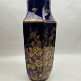 Octagonal vase in Limoges porcelain, oven blue and gold decoration, 20th century